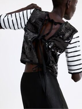 ZARA Limited Edition Black/White Sequin Open Tie-Back Top